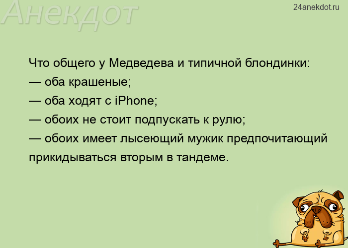 Что общего у Медведева и типичной блондинки:  — оба крашеные;  — оба ходят с iPhone;  — обоих не сто