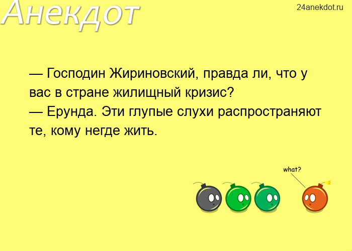 — Господин Жириновский, правда ли, что у вас в стране жилищный кризис? — Ерунда. Эти глупые слухи ра