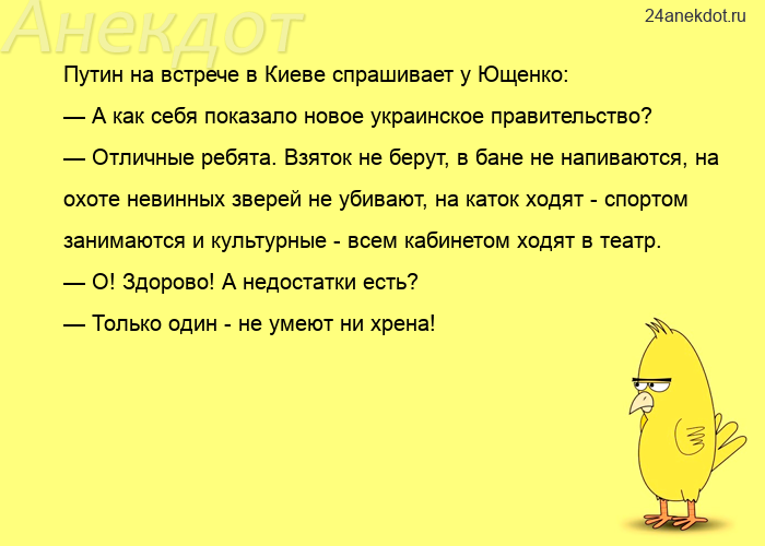 Путин на встрече в Киеве спрашивает у Ющенко: — А как себя показало новое украинское правительство? 